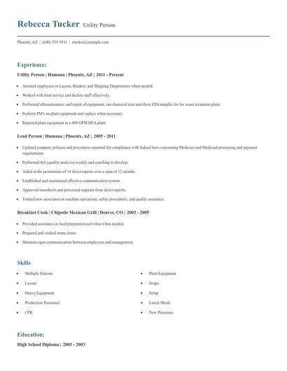 Utility Person Resume