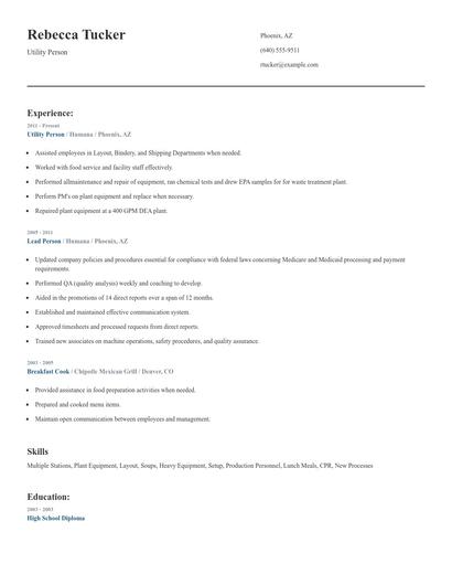 Utility Person Resume