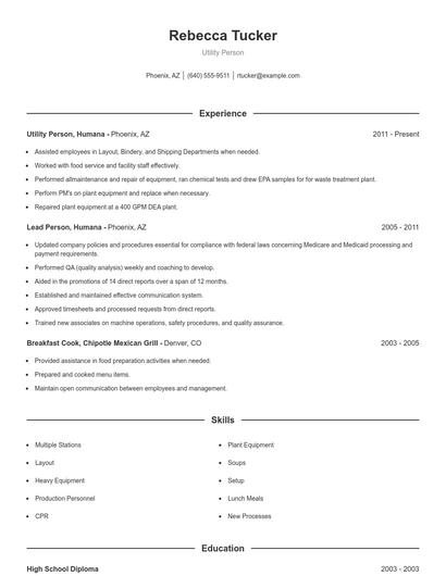 Utility Person Resume