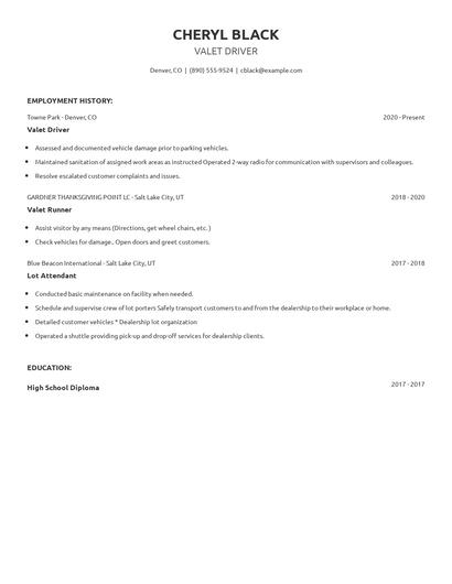 Valet Driver Resume