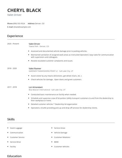 Valet Driver Resume