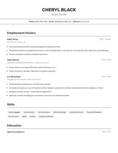 Valet Driver Resume