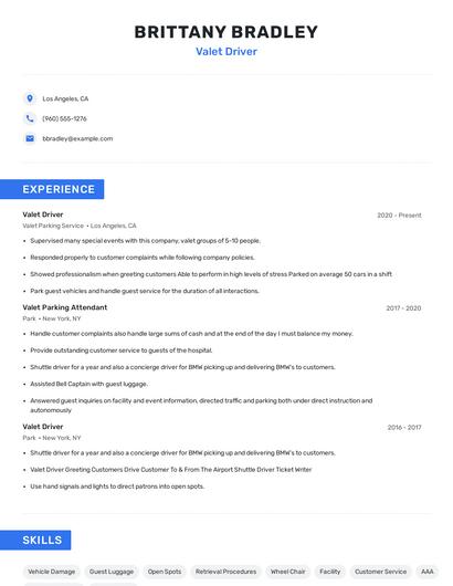 Valet Driver Resume