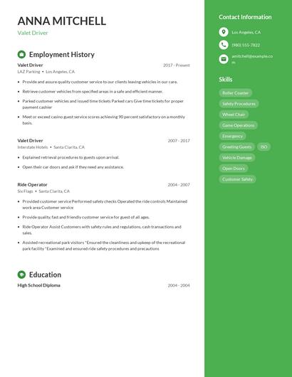 Valet Driver Resume