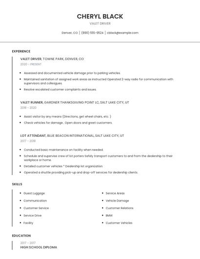 Valet Driver Resume
