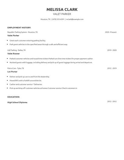 Valet Parker Resume