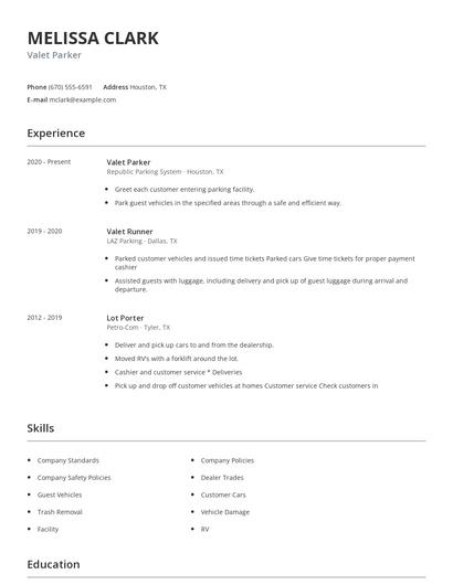 Valet Parker Resume