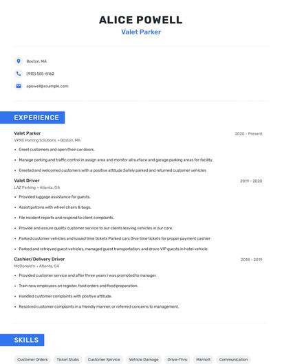 Valet Parker Resume