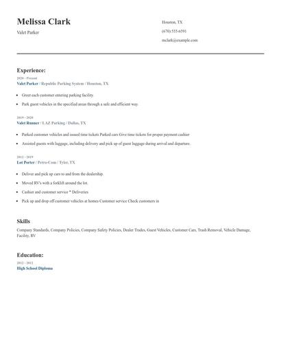 Valet Parker Resume