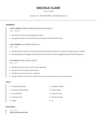 Valet Parker Resume