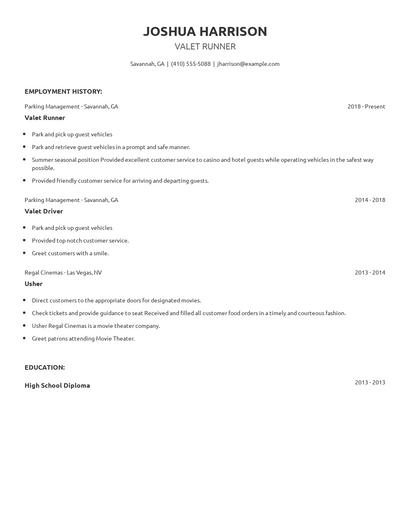Valet Runner Resume