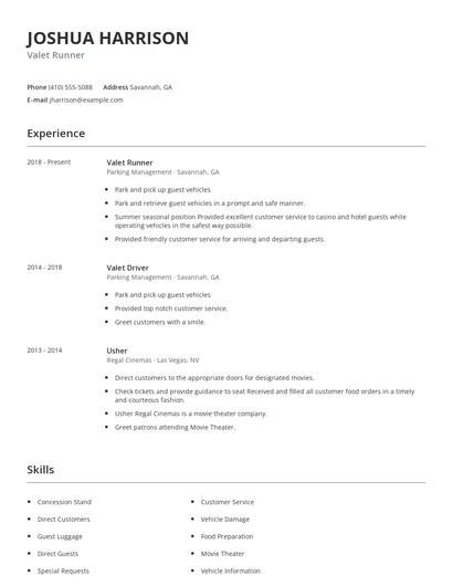 Valet Runner Resume