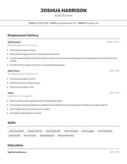 Valet Runner Resume