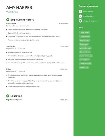 Valet Runner Resume
