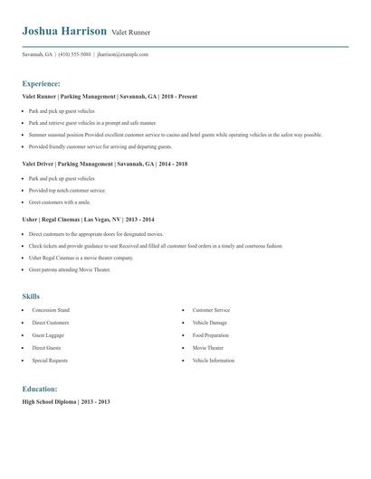 Valet Runner Resume