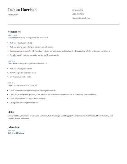 Valet Runner Resume