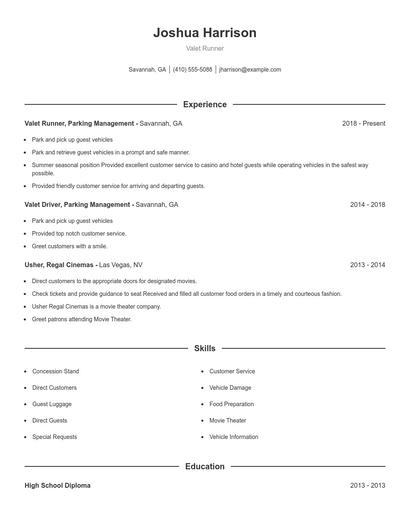 Valet Runner Resume