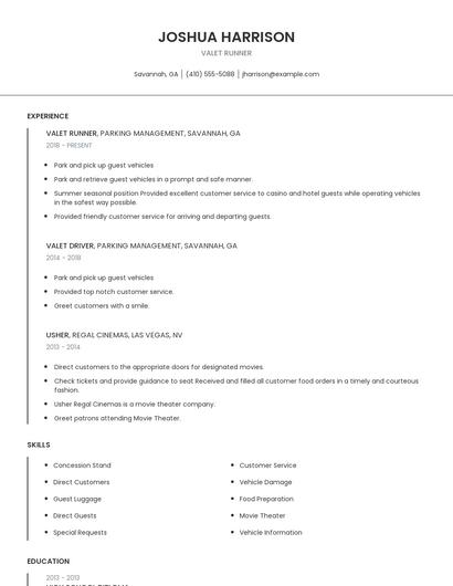 Valet Runner Resume