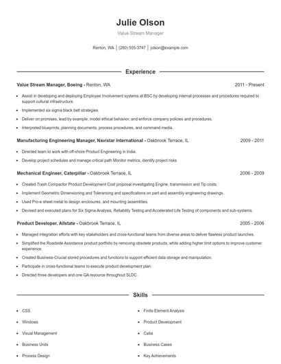 Value Stream Manager Resume