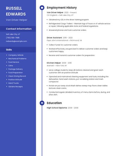 Van Driver Helper Resume