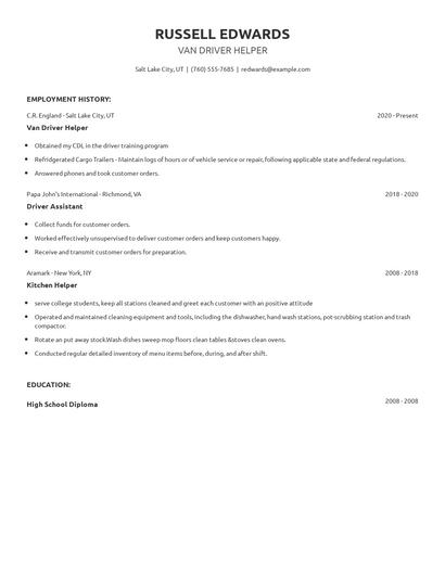 Van Driver Helper Resume