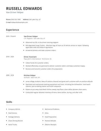 Van Driver Helper Resume