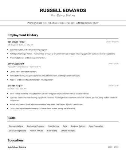 Van Driver Helper Resume