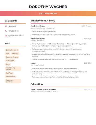 Van Driver Helper Resume