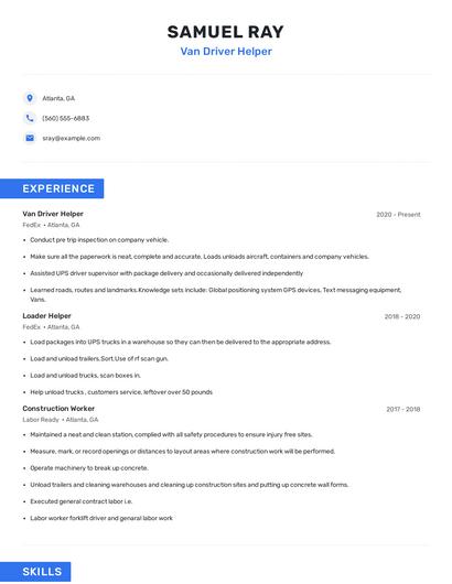 Van Driver Helper Resume