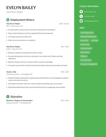 Van Driver Helper Resume