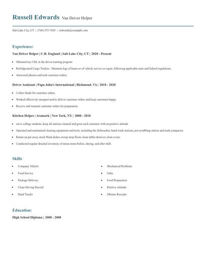 Van Driver Helper Resume