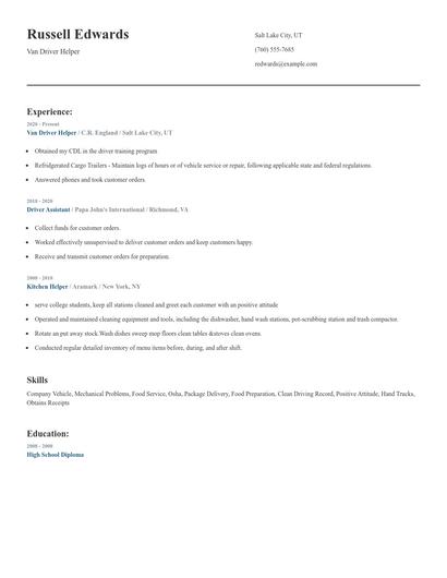 Van Driver Helper Resume