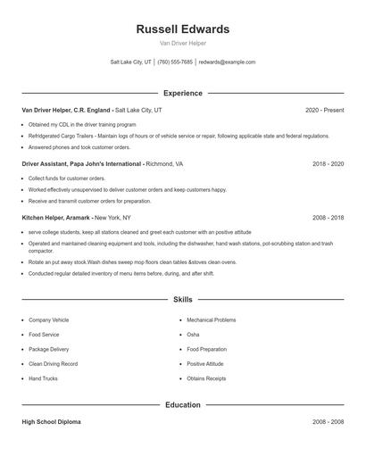 Van Driver Helper Resume