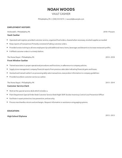 Vault Cashier Resume