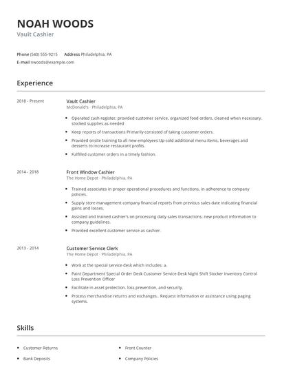 Vault Cashier Resume