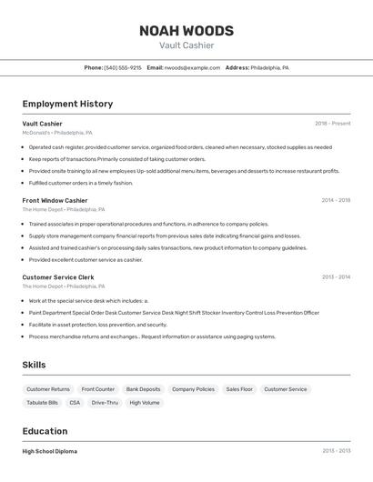 Vault Cashier Resume