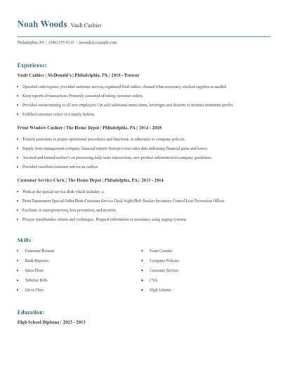 Vault Cashier Resume