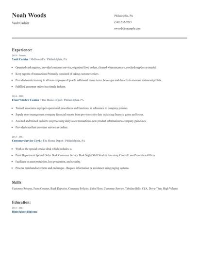 Vault Cashier Resume