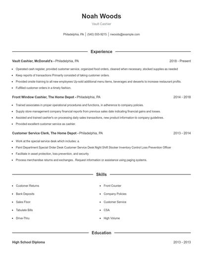 Vault Cashier Resume