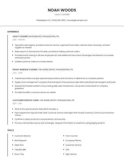 Vault Cashier Resume