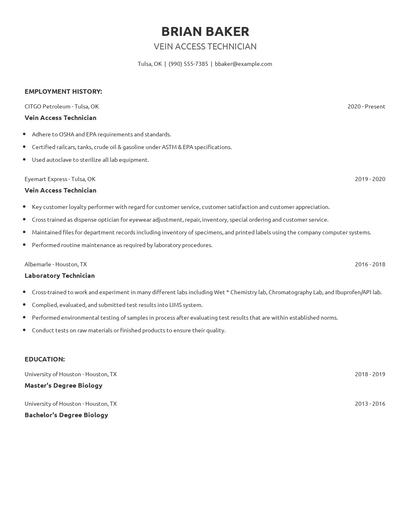 Vein Access Technician Resume