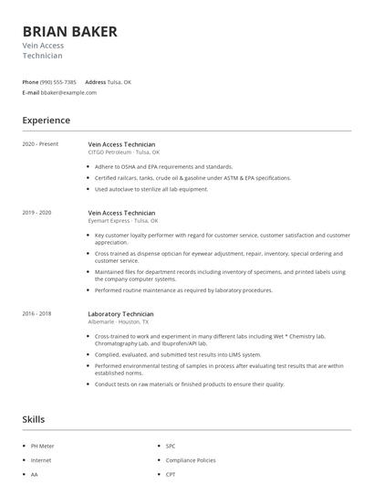 Vein Access Technician Resume