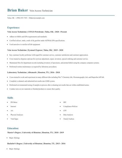 Vein Access Technician Resume