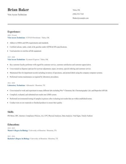 Vein Access Technician Resume