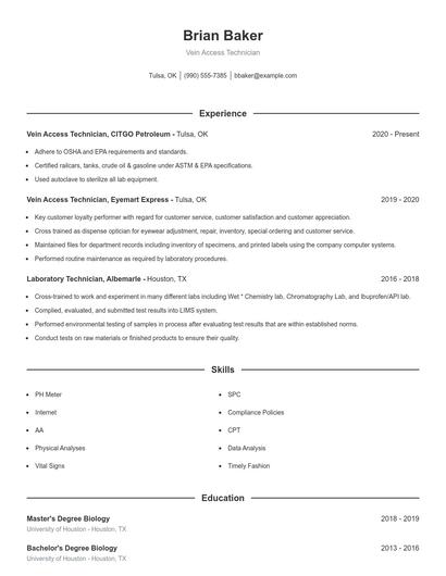 Vein Access Technician Resume