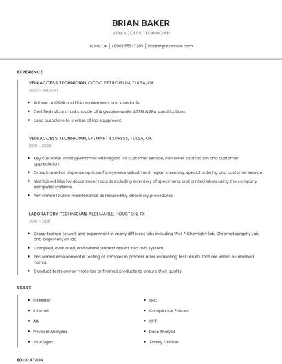 Vein Access Technician Resume