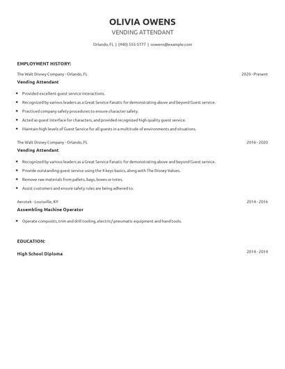 Vending Attendant Resume