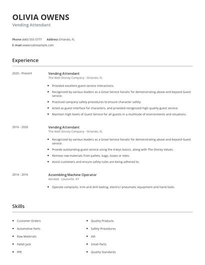 Vending Attendant Resume