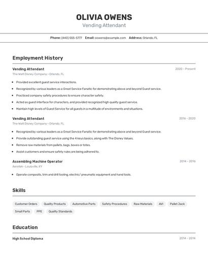 Vending Attendant Resume