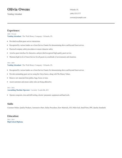 Vending Attendant Resume
